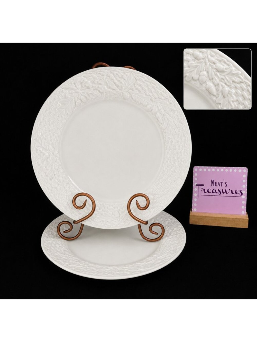 Mikasa WOODLAND ED902 Embossed Basketweave & Acorns White Dinner Plates Set of 2